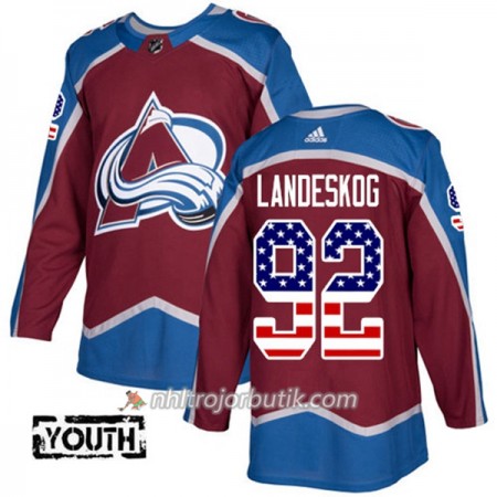 Barn Ishockey Colorado Avalanche Tröja Gabriel Landeskog 92 Adidas 2017-2018 Burgundy Röd USA Flag Fashion Authentic